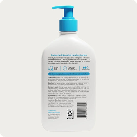 AmLactin Intensive Healing Body Lotion - Therapeutic Lotion for Extremely Dry Skin - No-Scrub Exfoliator and Moisturizer with 15% Lactic Acid AHA and Ceramides, 14.1 oz (Packaging May Vary)