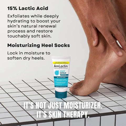 AmLactin Foot Repair Cream with Moisturizing Socks, Therapeutic Foot Cream for Dry Cracked Heels and Feet, No-Scrub Exfoliator & Moisturizer with 15% Lactic Acid AHA, 3 oz (Packaging May Vary)