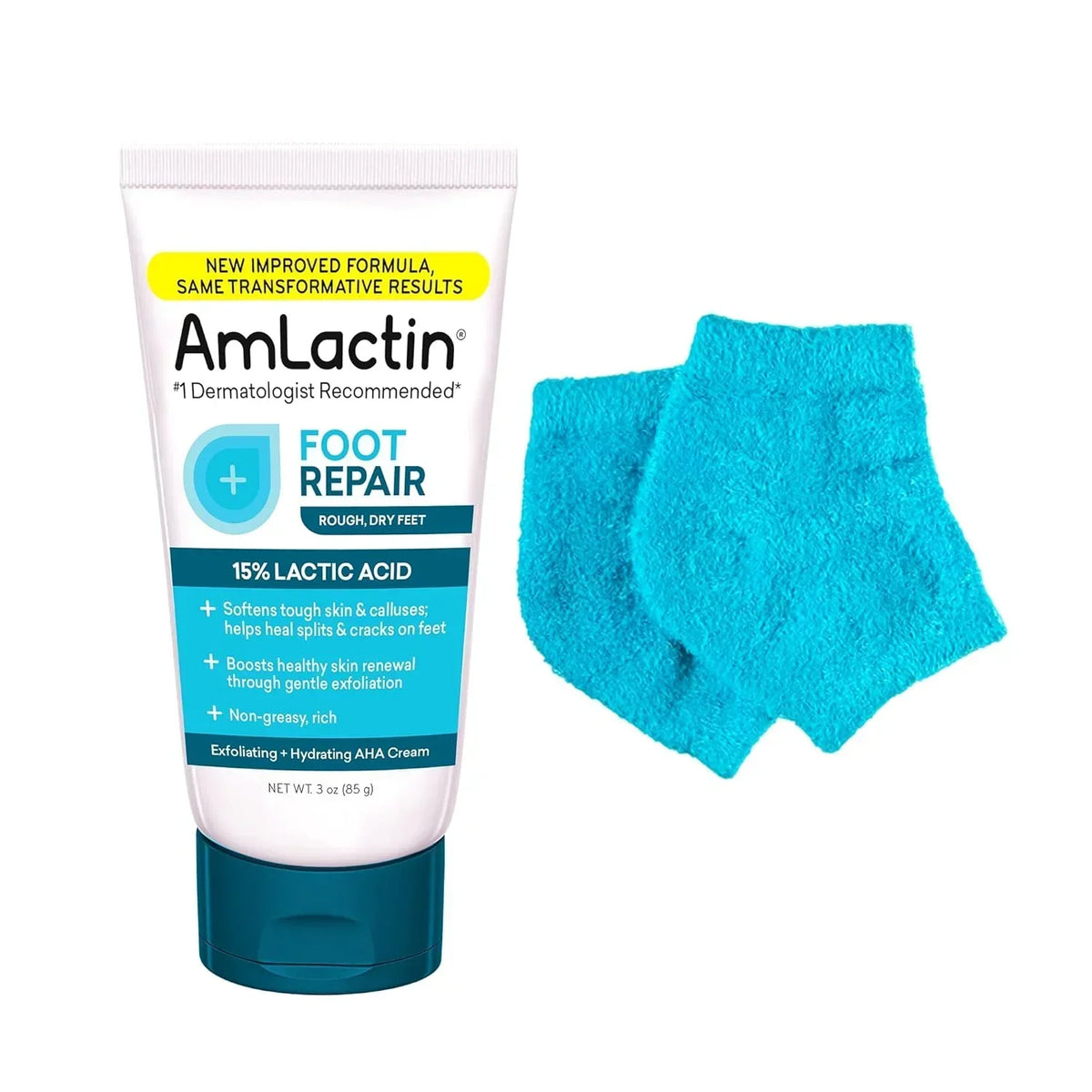 AmLactin Foot Repair Cream with Moisturizing Socks, Therapeutic Foot Cream for Dry Cracked Heels and Feet, No-Scrub Exfoliator & Moisturizer with 15% Lactic Acid AHA, 3 oz (Packaging May Vary)