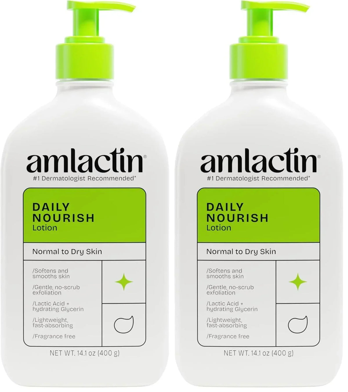 AmLactin Daily Nourish Therapeutic Body Lotion for Dry Skin - No-Scrub Exfoliator and Moisturizer 12% Lactic Acid Lotion,14.1 oz (Packaging May Vary),(Pack of 2)
