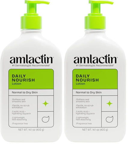 AmLactin Daily Nourish Therapeutic Body Lotion for Dry Skin - No-Scrub Exfoliator and Moisturizer 12% Lactic Acid Lotion,14.1 oz (Packaging May Vary),(Pack of 2)