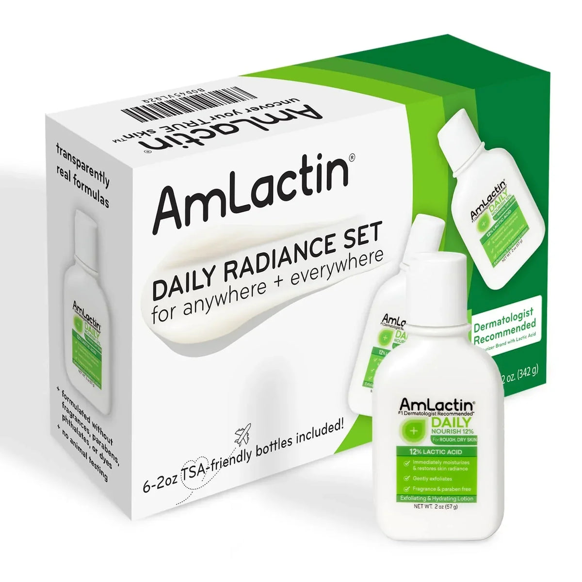 AmLactin Daily Nourish Therapeutic Body Lotion for Dry Skin - No-Scrub Exfoliator and Moisturizer 12% Lactic Acid Lotion, 2 Fl Oz (Pack of 6) (Packaging May Vary)